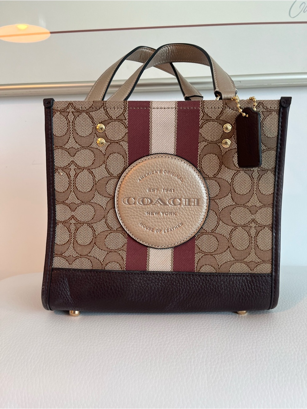 Coach Dempsey Tote 22 Signature Stripe Small Tote in Brown and Burgundy